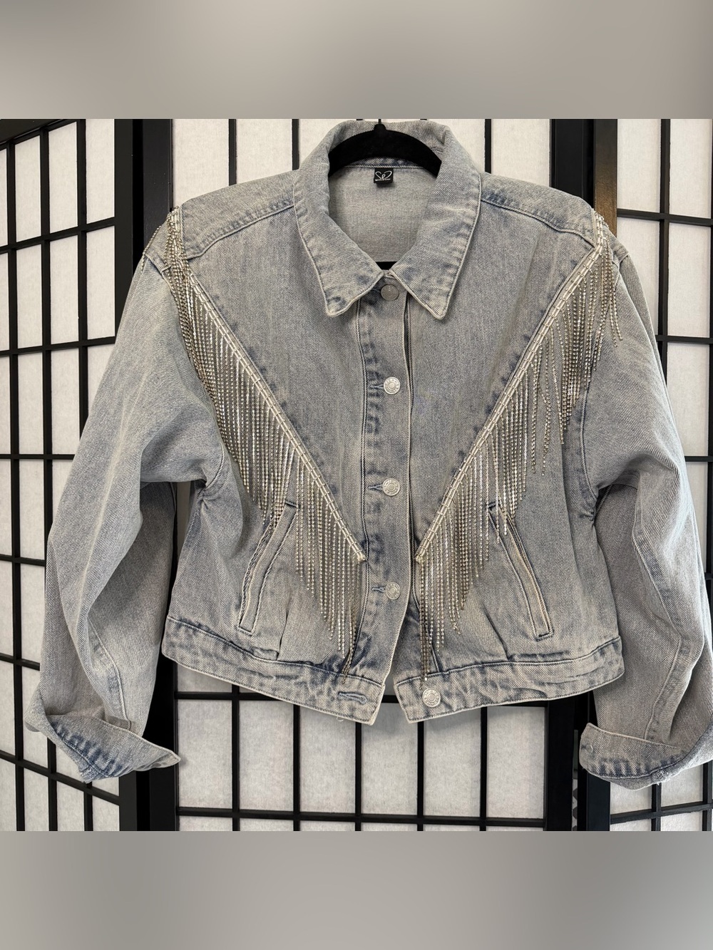 Windsor Light Gray Denim Jacket with Diamond Fringe Small